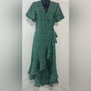 Fleur Wood Green Floral Ruffled Hi Low Wrap Midi Maxi Dress Size Small